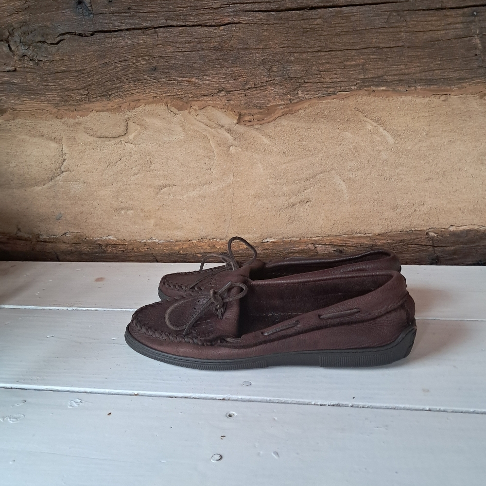 Minnetonka Brown Moosehide Kilty Hard Soled Moccasins Size 8